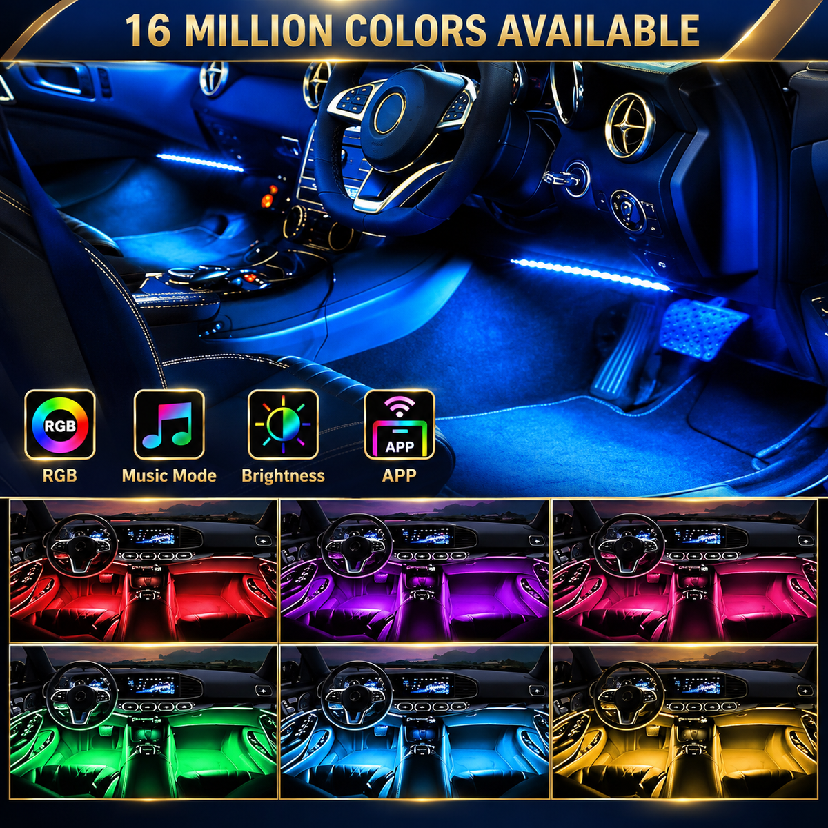 Car LED Strip Lights Kit, Auto Interior Ambient RGB LED Strip Atmosphere Car Decorative Lamp With Bluetooth Music Sync App Remote Control
