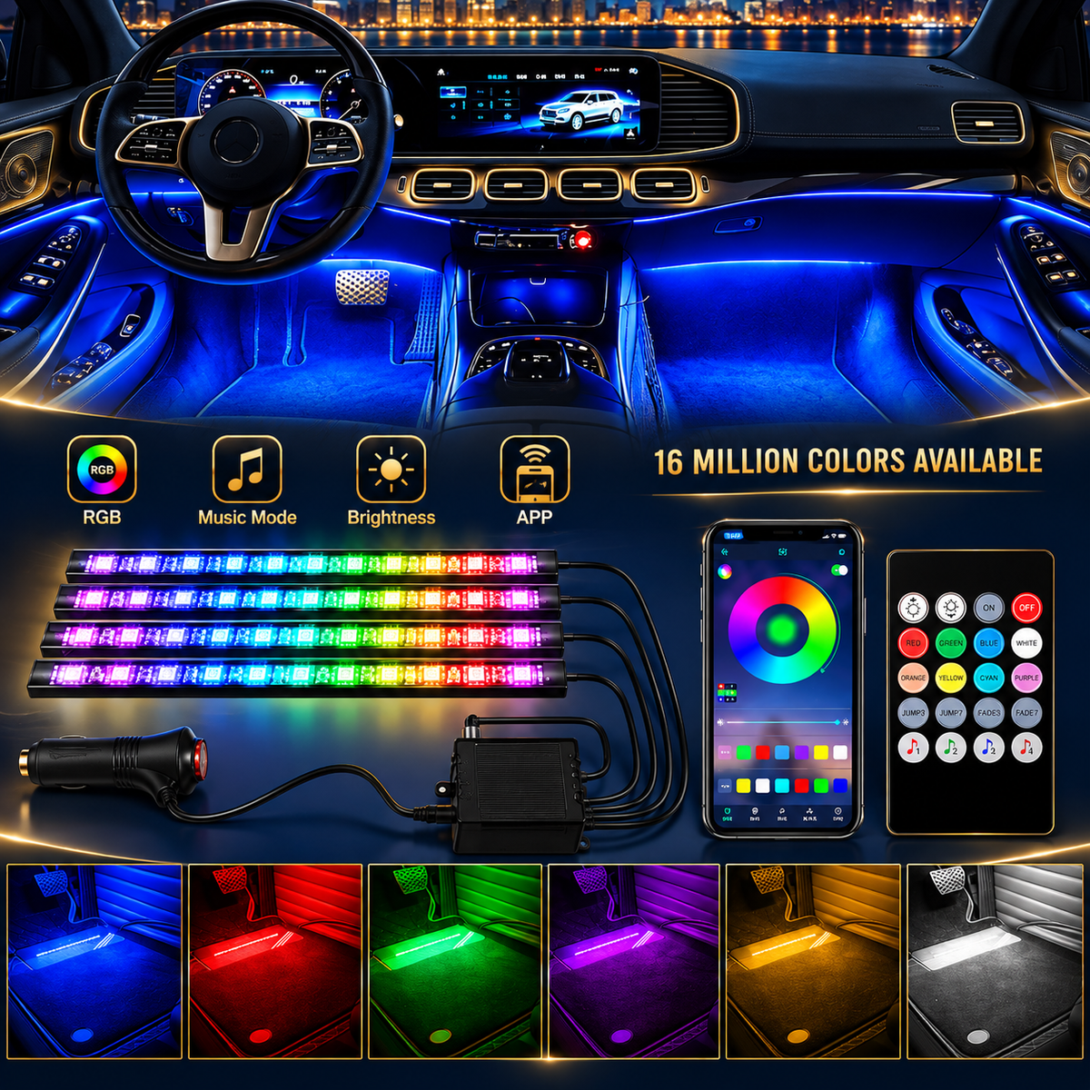 Car LED Strip Lights Kit, Auto Interior Ambient RGB LED Strip Atmosphere Car Decorative Lamp With Bluetooth Music Sync App Remote Control
