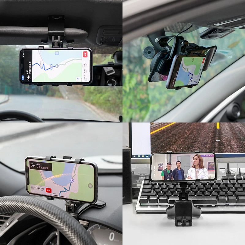 Collage of a smartphone holder in a car and on a desk with different uses.