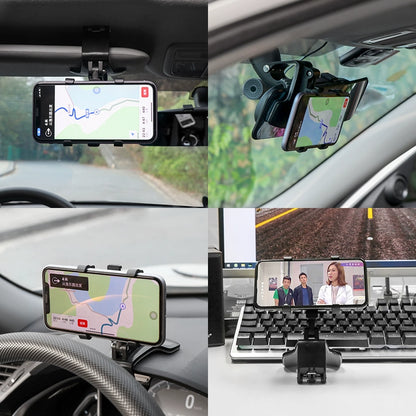 Collage of a smartphone holder in a car and on a desk with different uses.