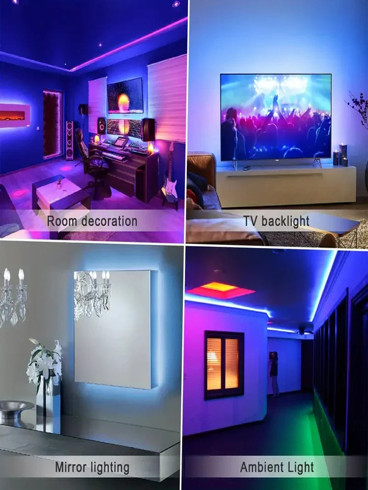 Collage of LED light effects in a room, including room decoration, TV backlight, mirror lighting, and ambient light.