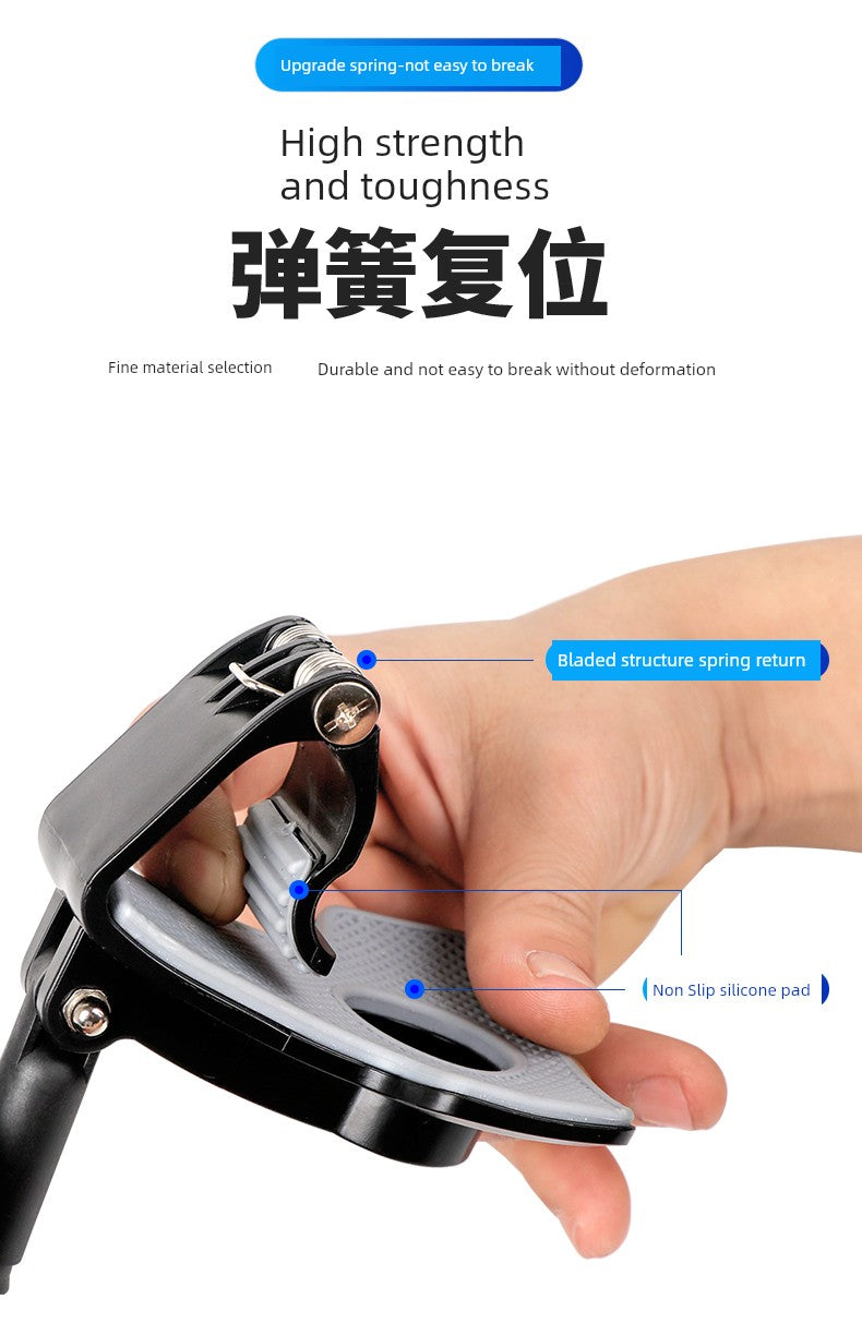 Hand holding a metal device with text on strength and durability