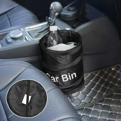 Collapsible car trash bin with a bottle inside, placed on a car seat.