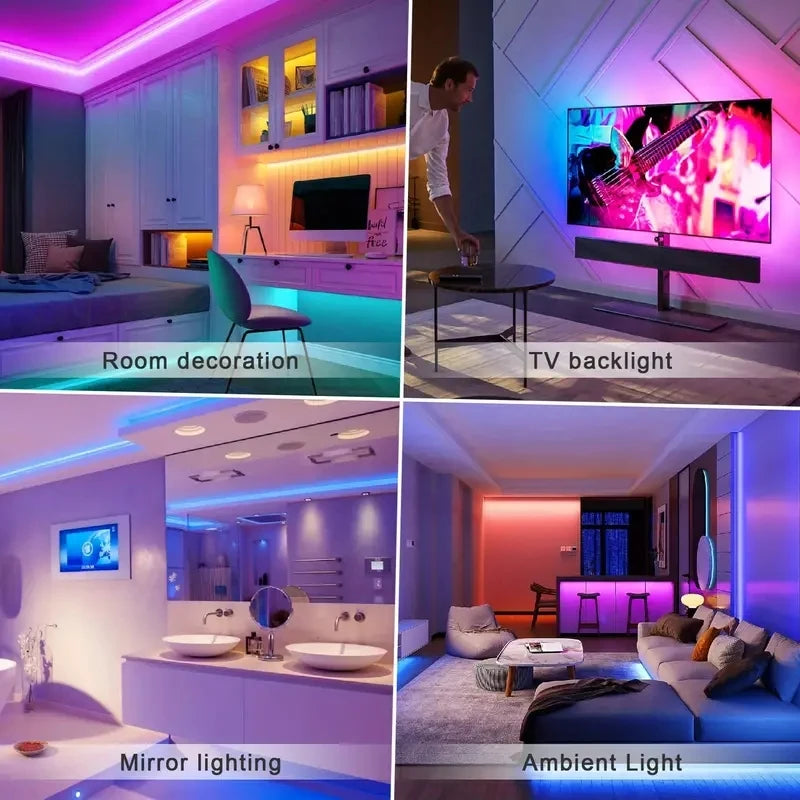 Collage of a room with different lighting effects including TV backlight, mirror lighting, and ambient light.