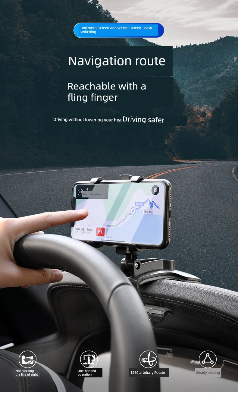 Phone mounted on a car dashboard with navigation app, scenic road in the background