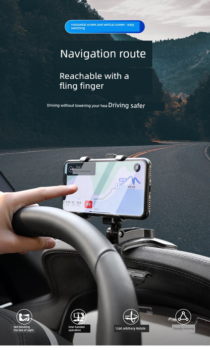 Phone mounted on a car dashboard with navigation app, scenic road in the background