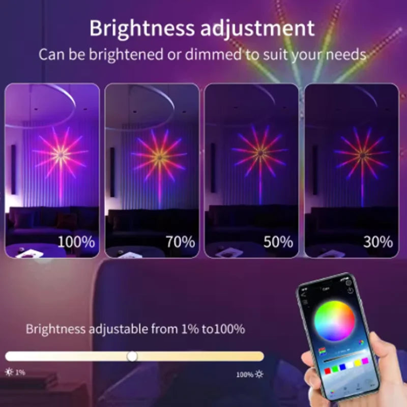Brightness adjustment feature with smartphone app control for colorful light display.