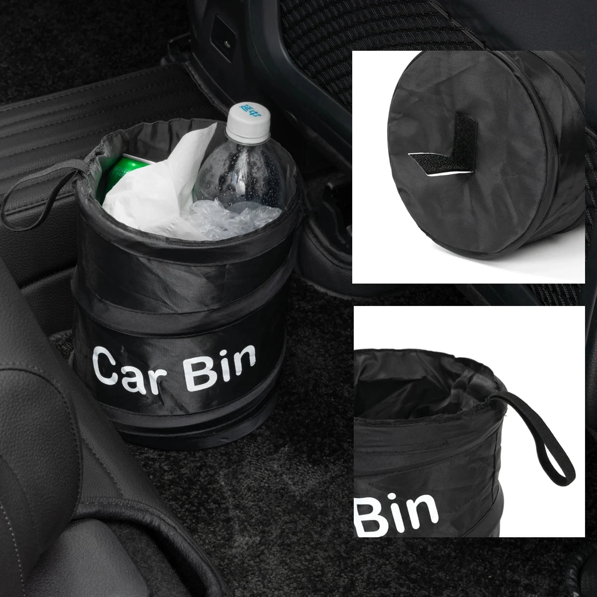 Car bin with ice and bottles inside, shown in a car's cup holder.