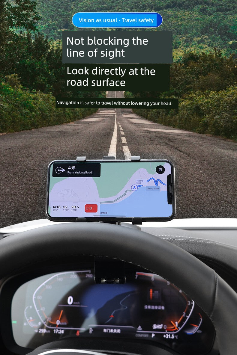 Phone mounted on car dashboard displaying navigation app with road ahead view