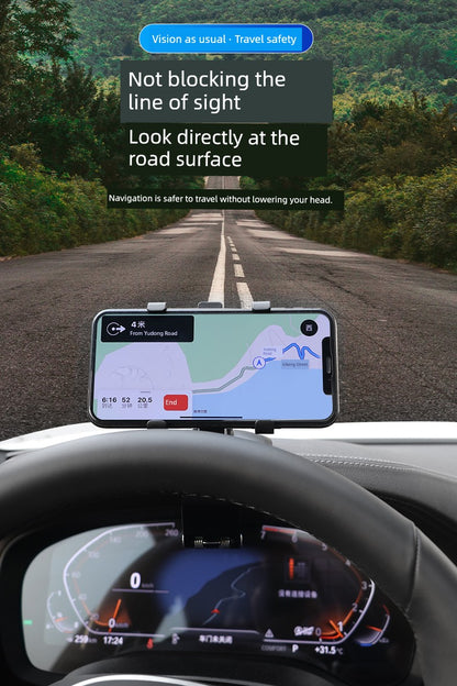 Phone mounted on car dashboard displaying navigation app with road ahead view