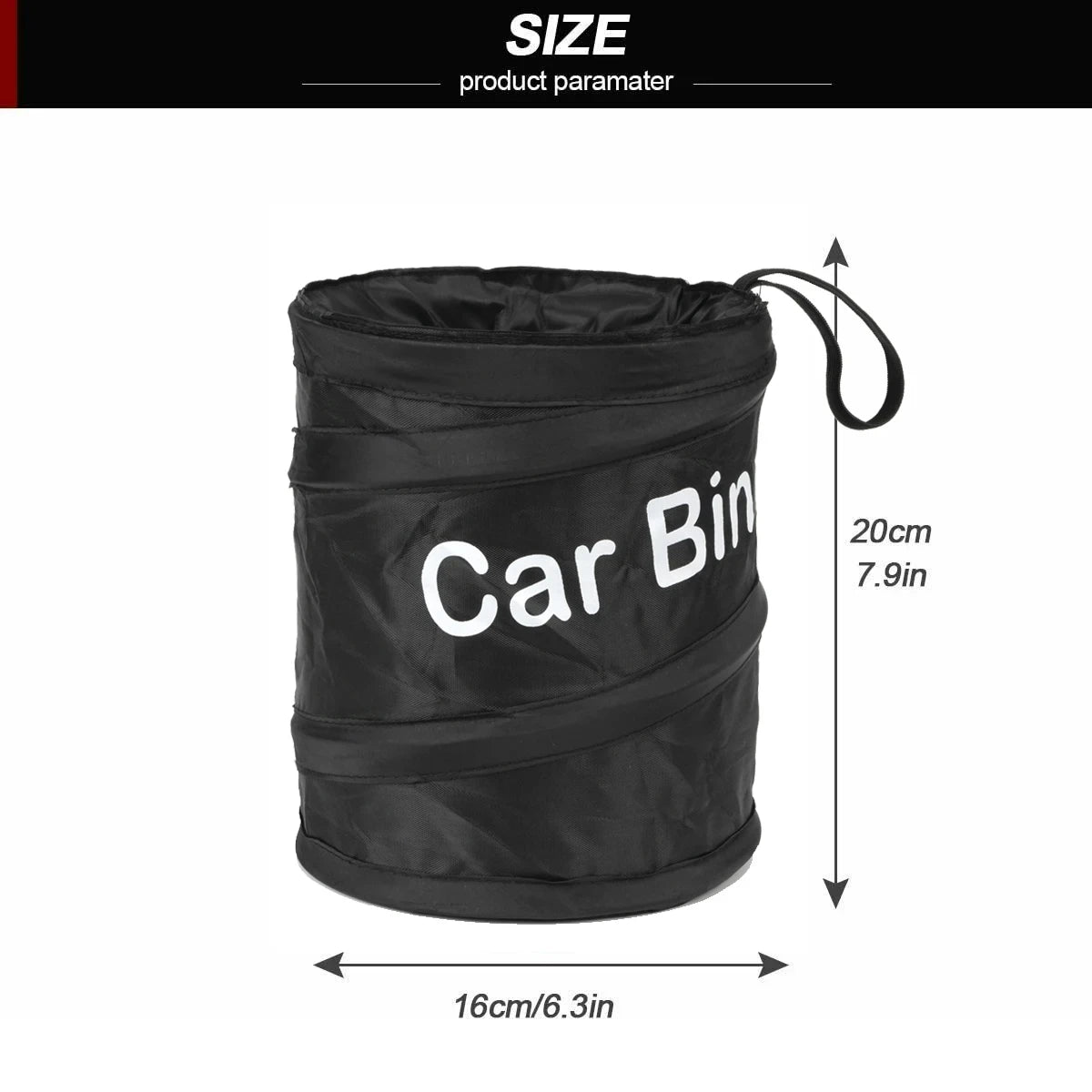 Black car bin with dimensions on a white background