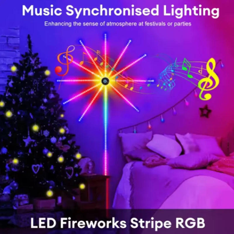 LED fireworks stripe RGB light in a room with a Christmas tree and festive decorations.