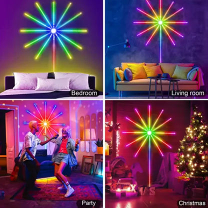 Colorful LED light projector in various settings including bedroom, living room, party, and Christmas.