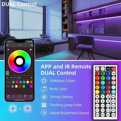 Smartphone app and remote control for RGB LED strip lights in a modern room setting.