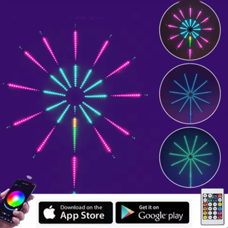 Colorful LED wheel with remote control and smartphone app on a dark background