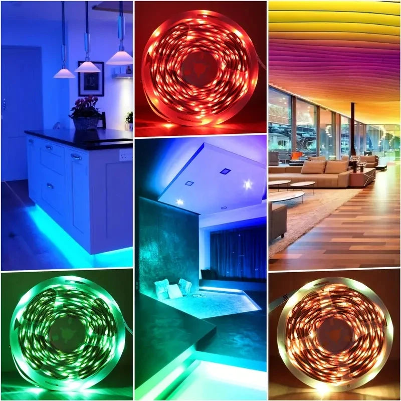 Collage of LED strip lights in various colors and settings