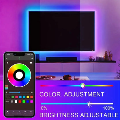 Smartphone app for color and brightness adjustment with LED strip lighting in a room.