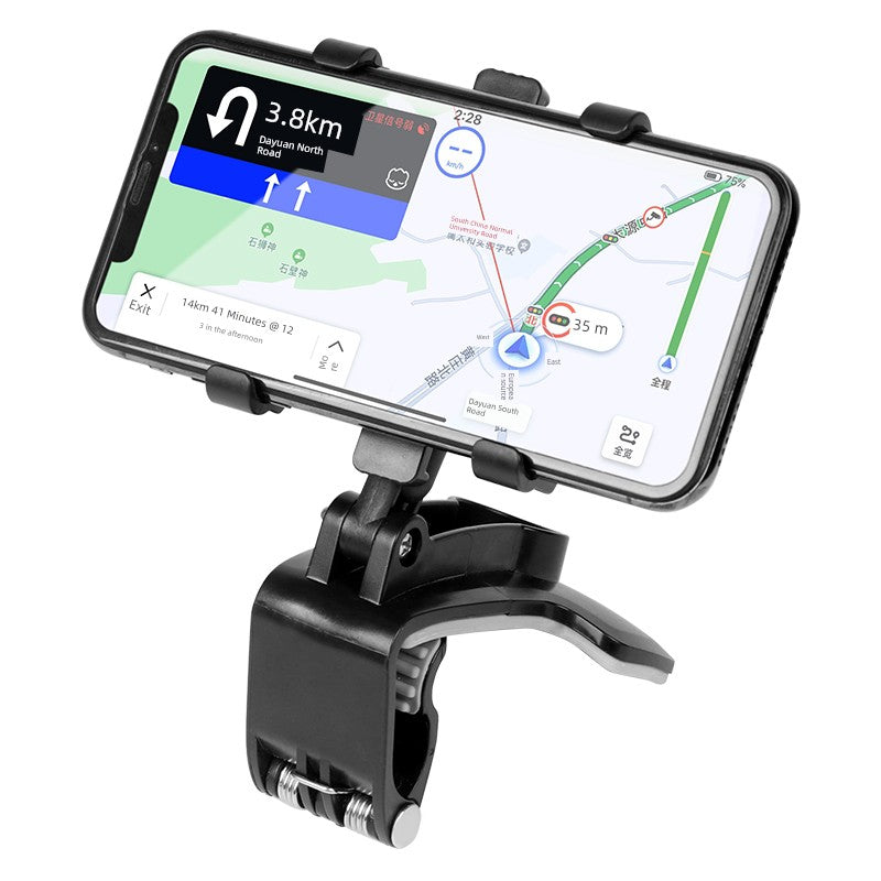 Phone mount with a smartphone displaying a navigation app on a white background
