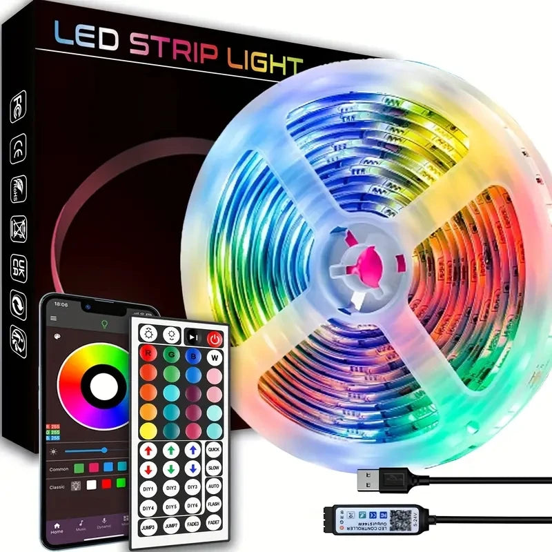 LED strip light set with packaging, smartphone app, remote control, and USB cable on a white background.