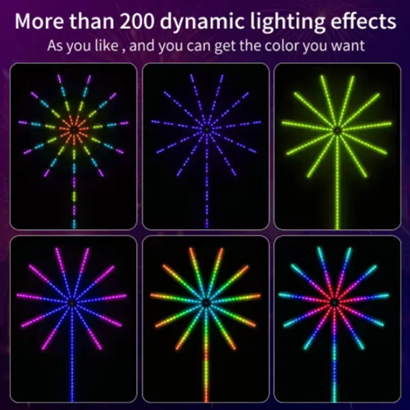 Various dynamic lighting effects on a dark background with text about color options.