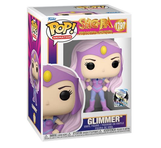 Funko Pop! vinyl figure packaging of She-Ra with Glimmer, featuring purple and white design.