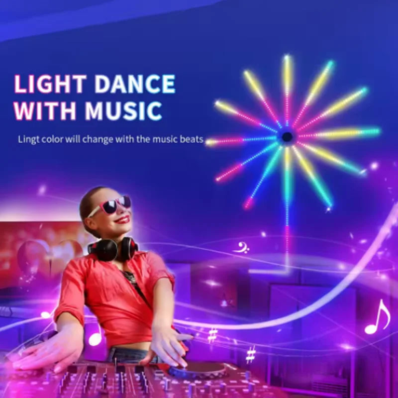 Woman DJ with colorful light show and text 'Light Dance with Music' on a vibrant background