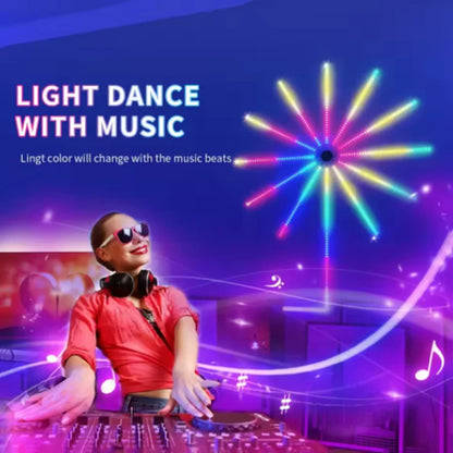 Woman DJ with colorful light show and text 'Light Dance with Music' on a vibrant background