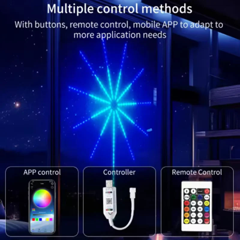 LED light strip with control methods including buttons, remote control, and mobile app on a dark background.