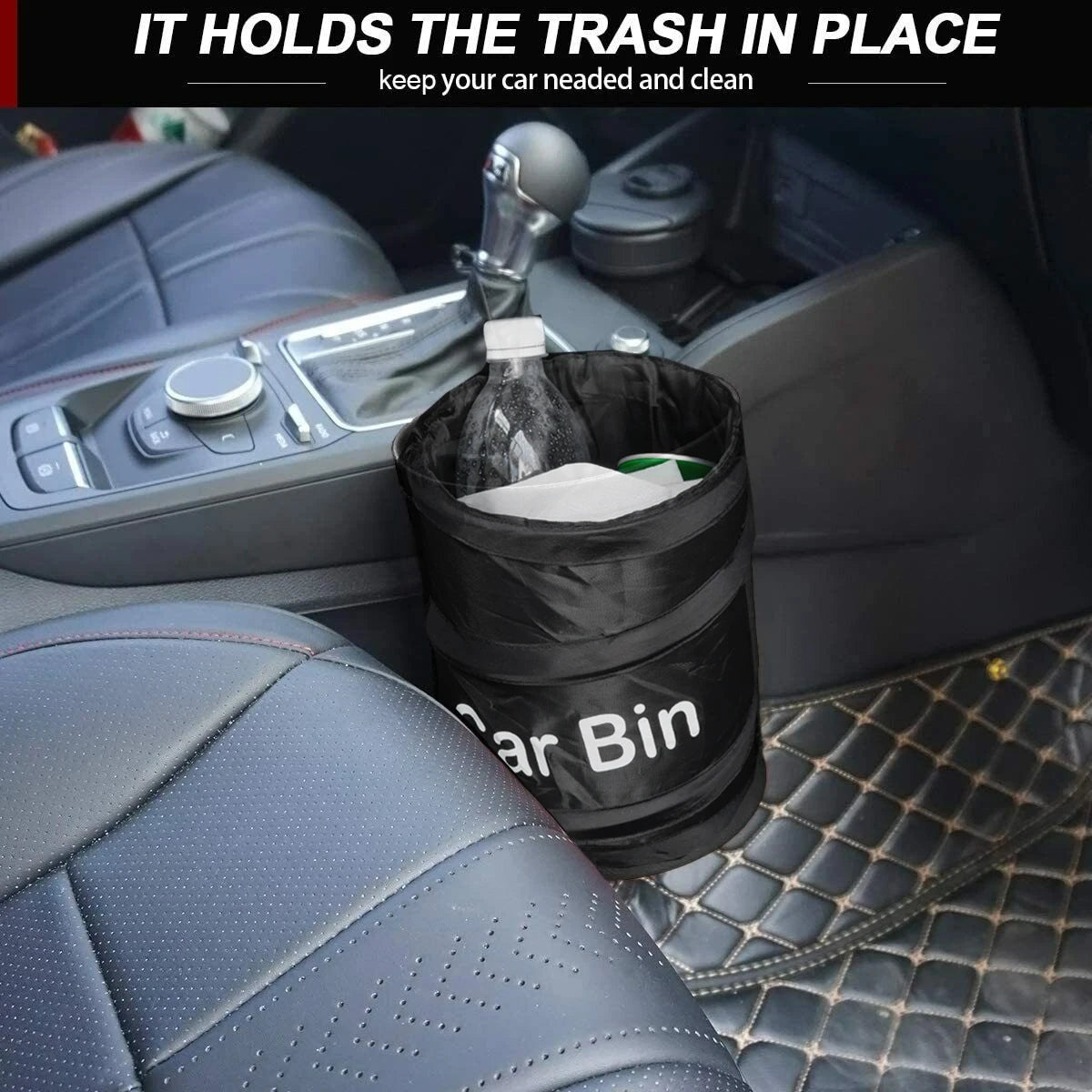 Car trash bin held in place by a holder inside a car.