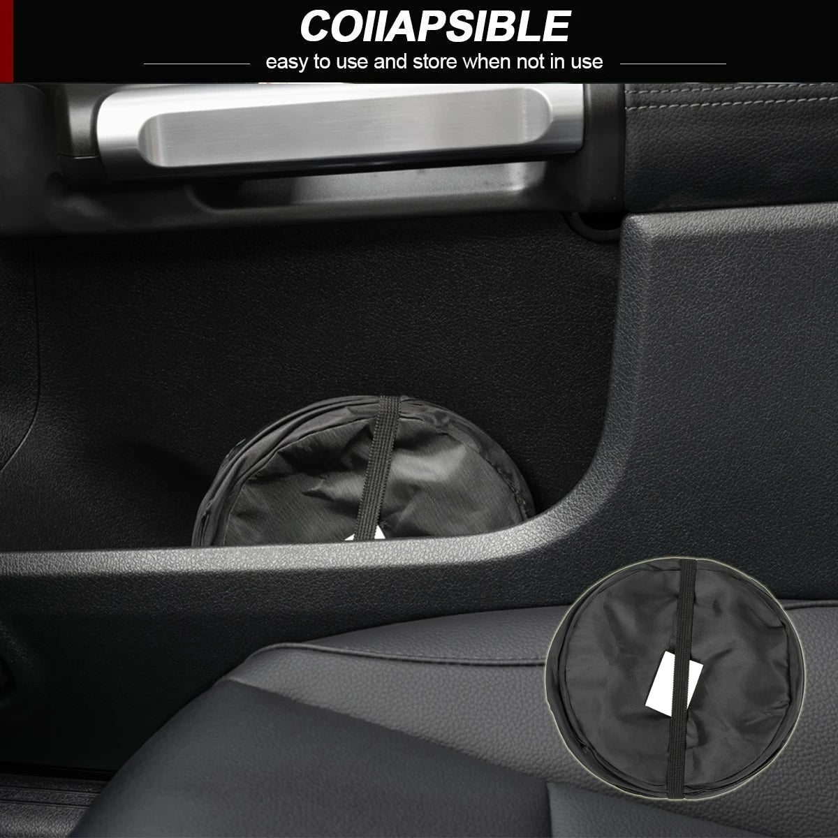 Collapsible car trash can inside a vehicle with text indicating collapsible feature.
