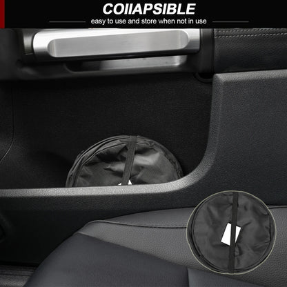 Collapsible car trash can inside a vehicle with text indicating collapsible feature.