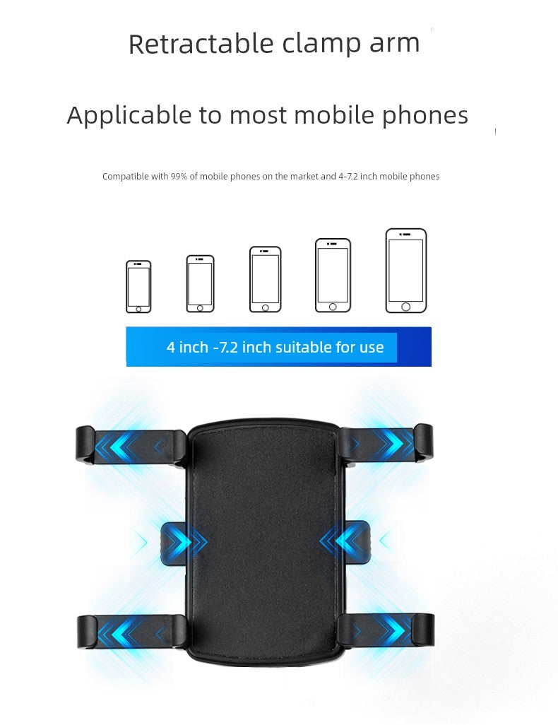 Retractable clamp arm for mobile phones with compatibility information on a white background
