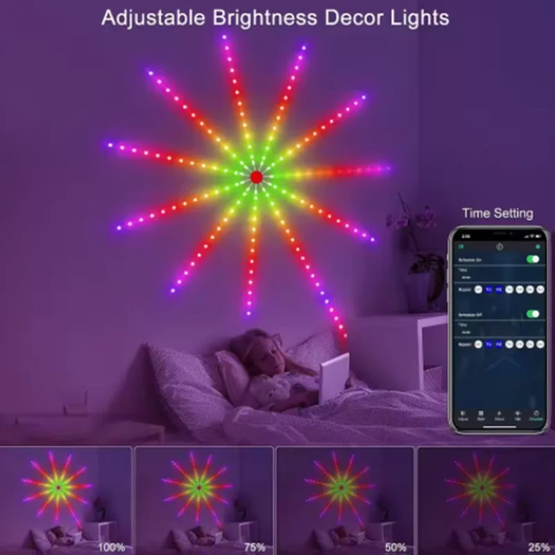 Decorative LED lights with adjustable brightness and smartphone app control in a bedroom setting.