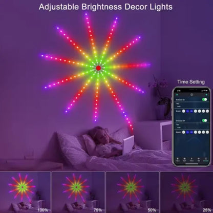 Decorative LED lights with adjustable brightness and smartphone app control in a bedroom setting.